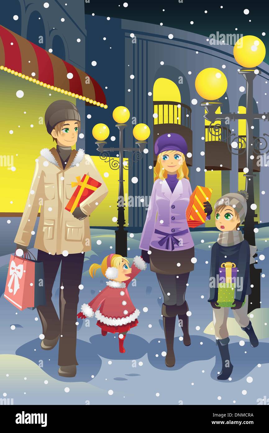 Un vecteur illustration d'une famille shopping ensemble durant la saison d'hiver Illustration de Vecteur