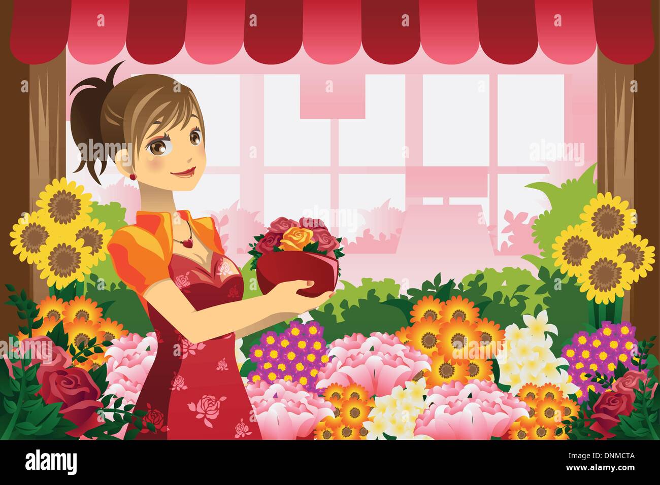 Un vecteur illustration d'un fleuriste fille tenant un pot de fleurs dans la boutique de fleurs Illustration de Vecteur