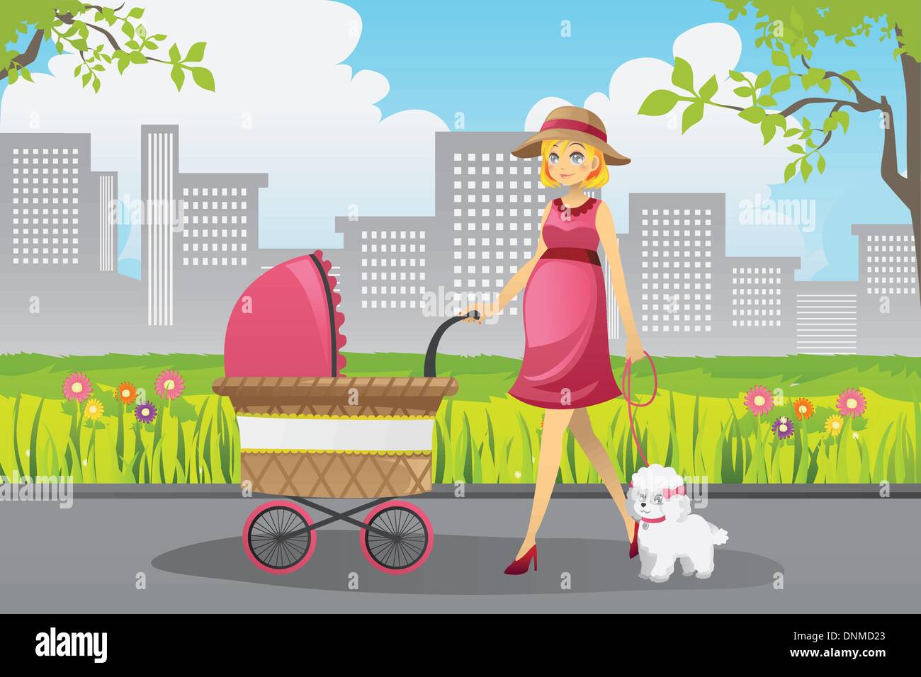 Un vecteur illustration d'une belle femme enceinte poussant une poussette à marcher avec son chien dans un parc Illustration de Vecteur