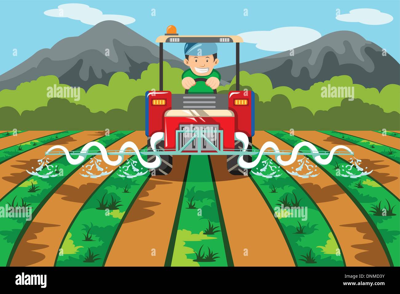 Un vecteur illustration d'un farmer watering la ferme avec tracteur Illustration de Vecteur