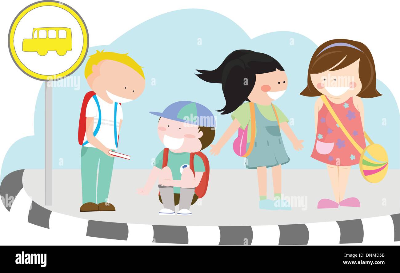 Vector illustration d'un groupe d'enfants en attente de leur autobus scolaire à un arrêt d'autobus Illustration de Vecteur