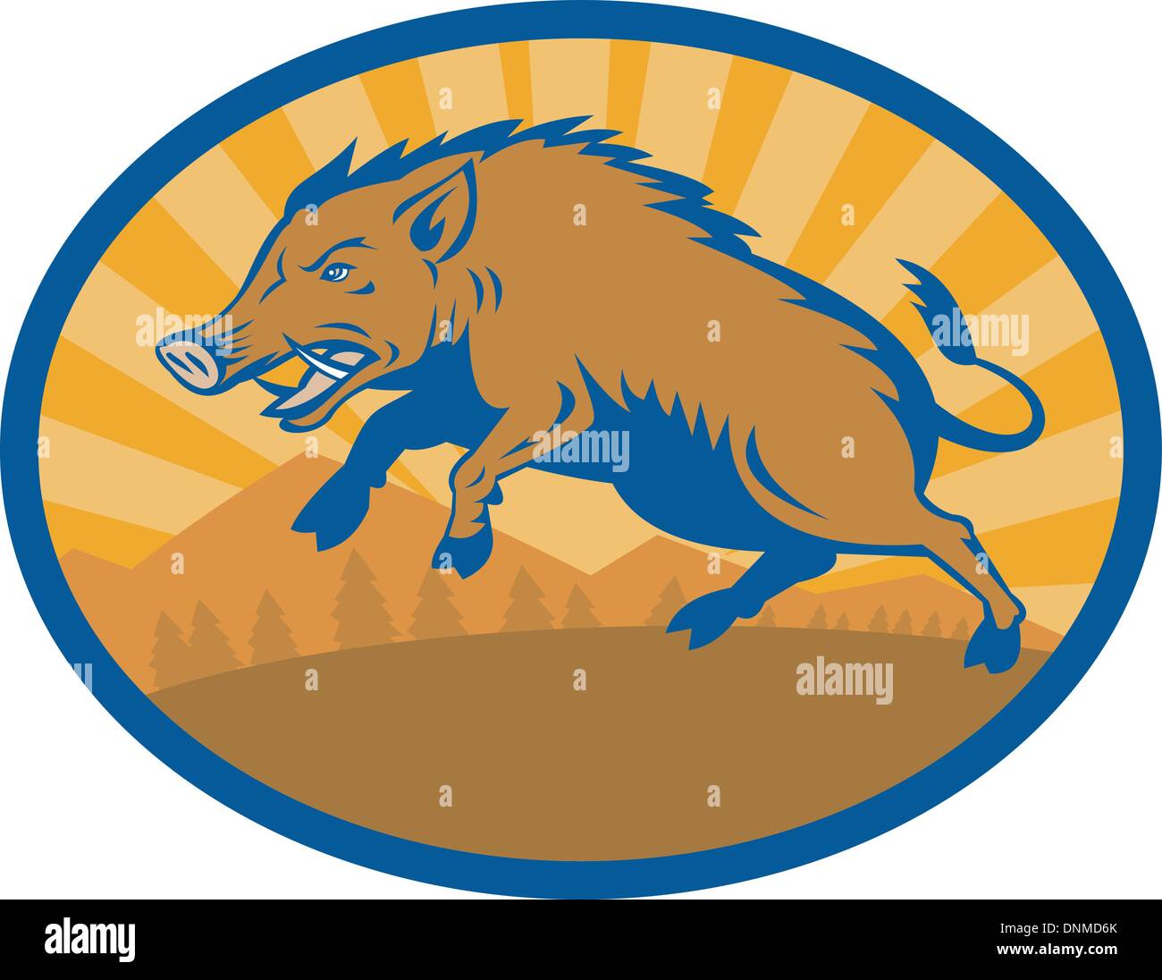 Illustration d'un sanglier Cochon Razorback Hog attaquer avec le paysage en arrière-plan Illustration de Vecteur