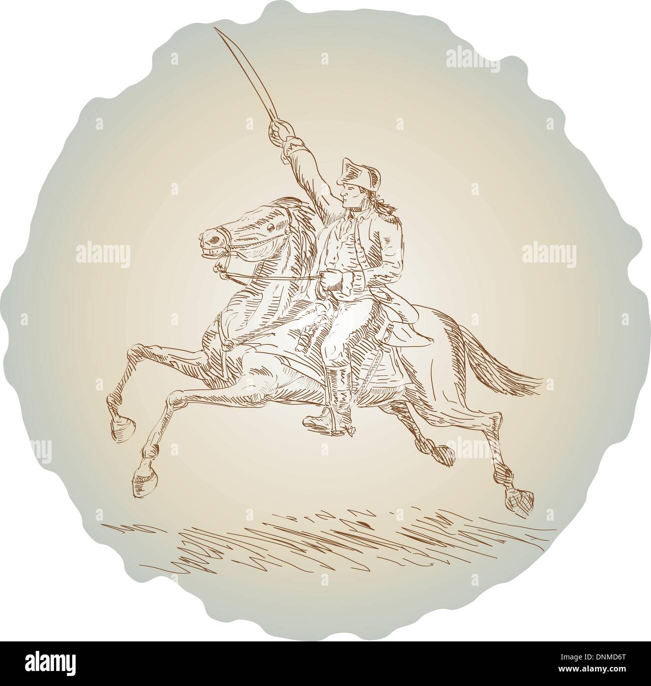 Illustration avec révolution américaine d'un soldat ou d'un général à cheval avec une épée Illustration de Vecteur