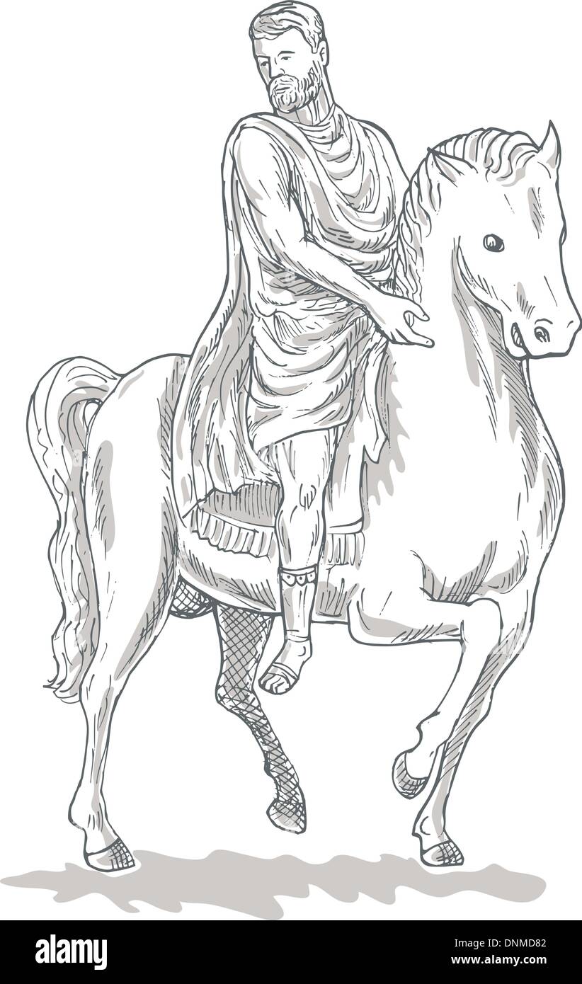 Dessiné à la main dessin illustration d'un empereur romain général ou soldat riding horse Illustration de Vecteur