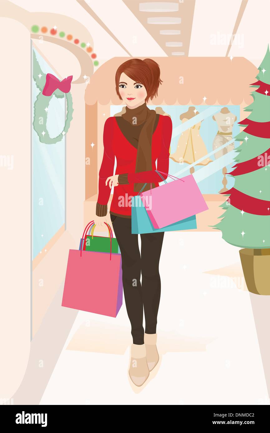 Un vecteur illustration d'une belle femme shopping pendant la période de Noël Illustration de Vecteur