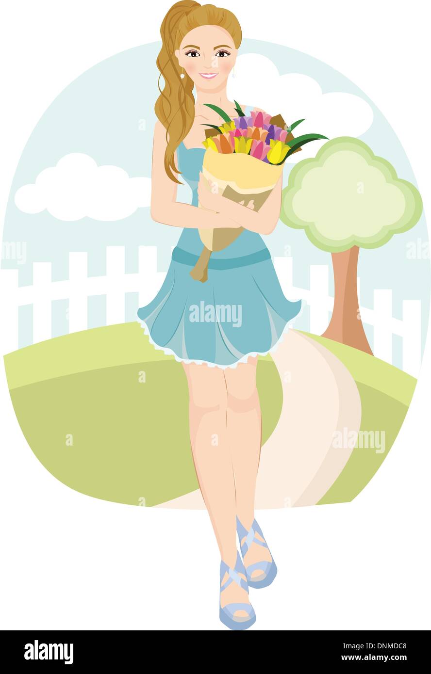 Un vecteur illustration d'une belle jeune fille portant un bouquet de tulipes colorées Illustration de Vecteur