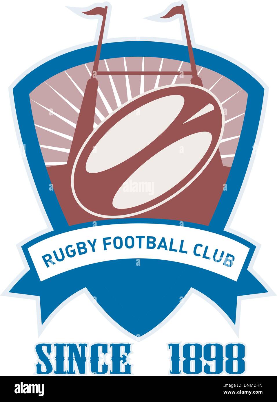 Illustration de style rétro d'un ballon de rugby et l'objectif à l'intérieur de la protection à l'aide de mots rugby football club depuis 1898 Illustration de Vecteur