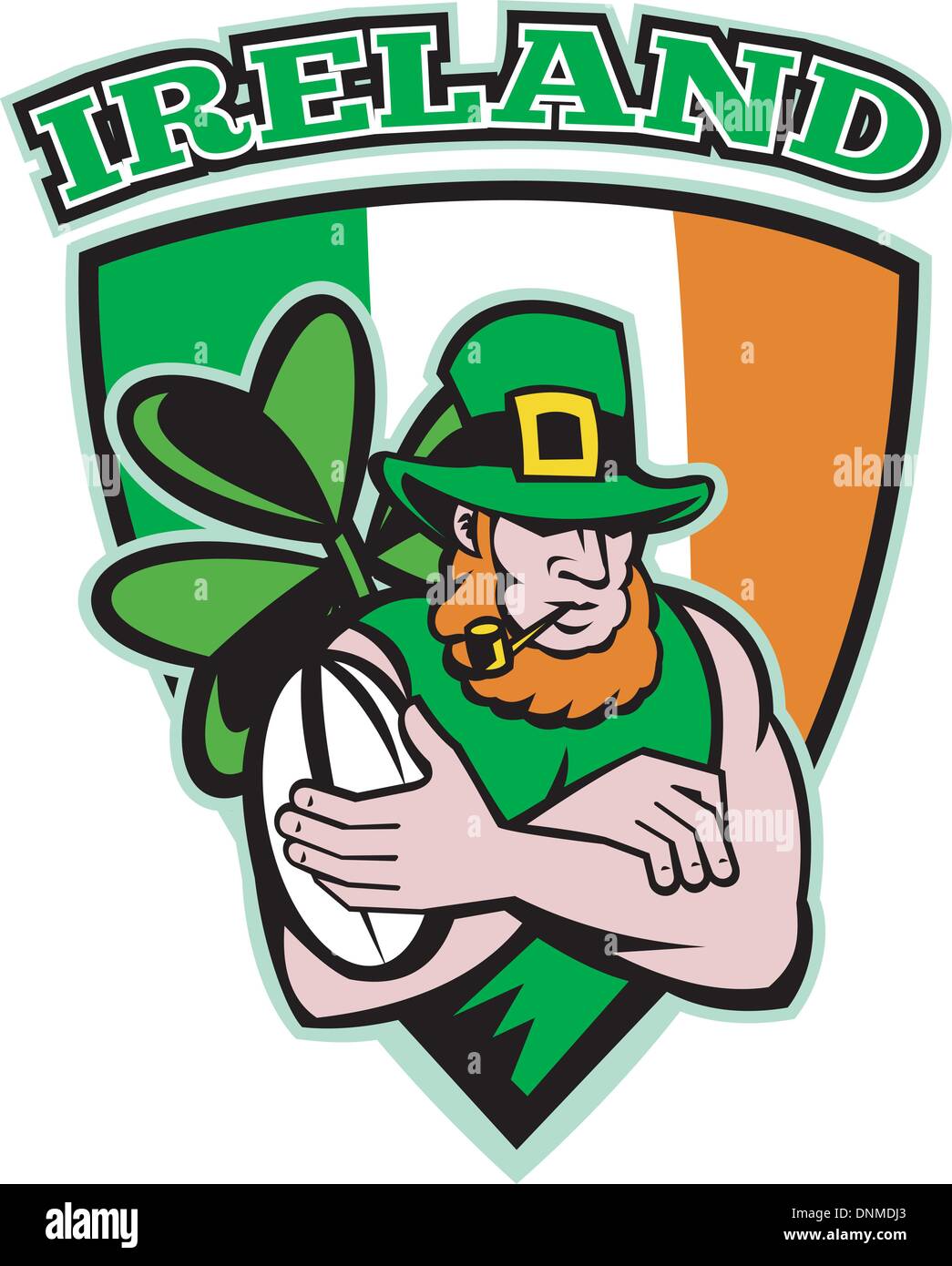 Illustration d'un farfadet irlandais ou de rugby, les bras croisés avec ball wearing hat avec shamrock ou clover leaf et shield Illustration de Vecteur