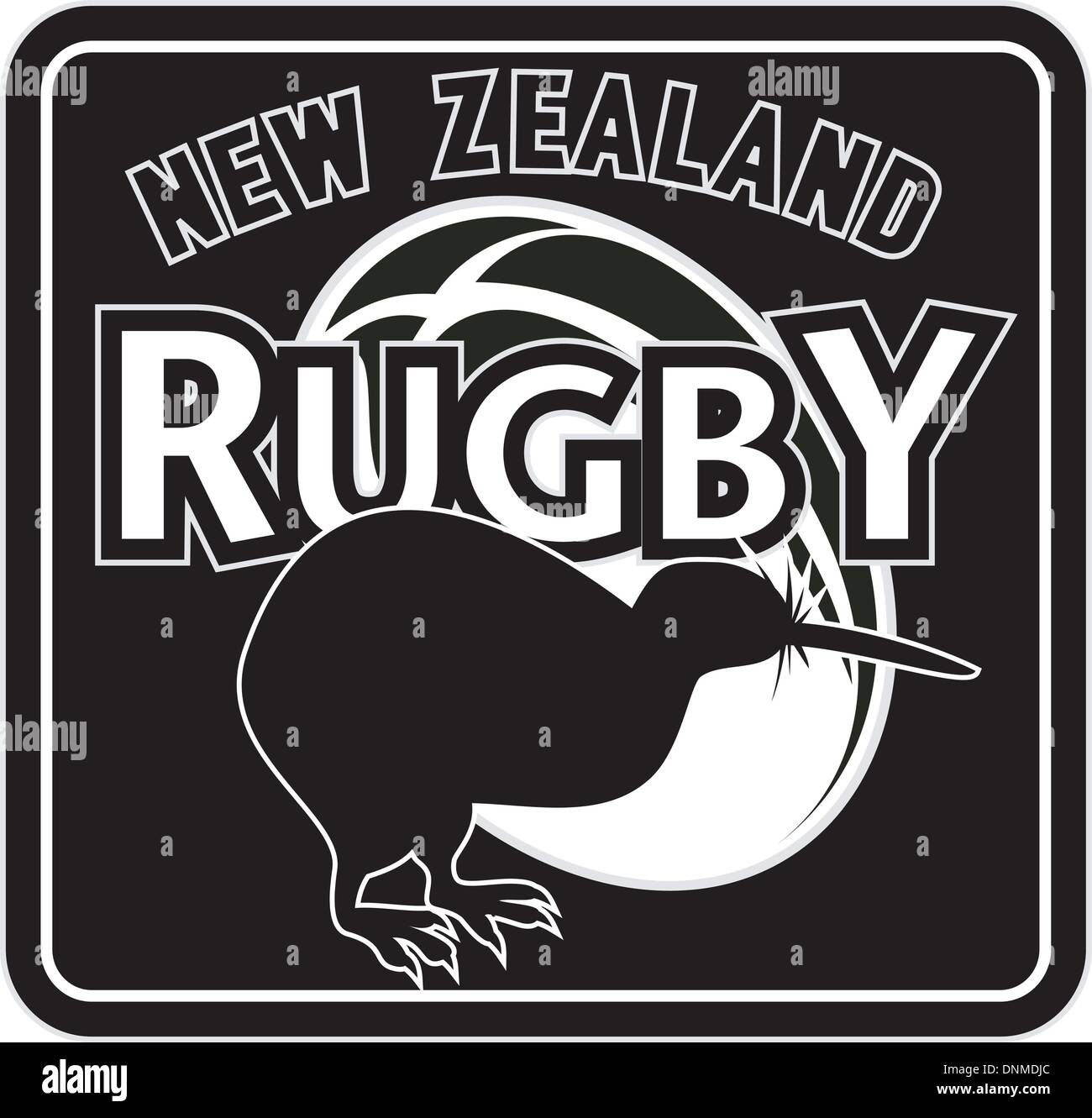 Illustration d'une silhouette d'un oiseau kiwi avec ballon et mots ' ' rugby de Nouvelle-Zélande situé dans un format carré noir dans tous les Illustration de Vecteur