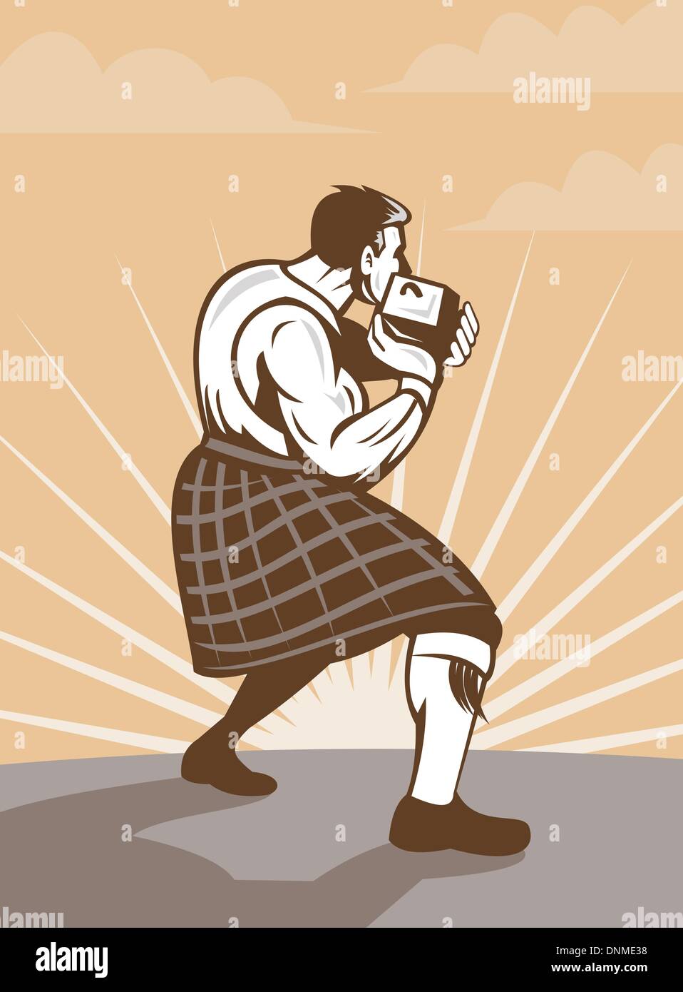 Illustration d'un Ecossais en kilt écossais traditionnel et jeu en pierre pierres mis en doen style rétro. Illustration de Vecteur