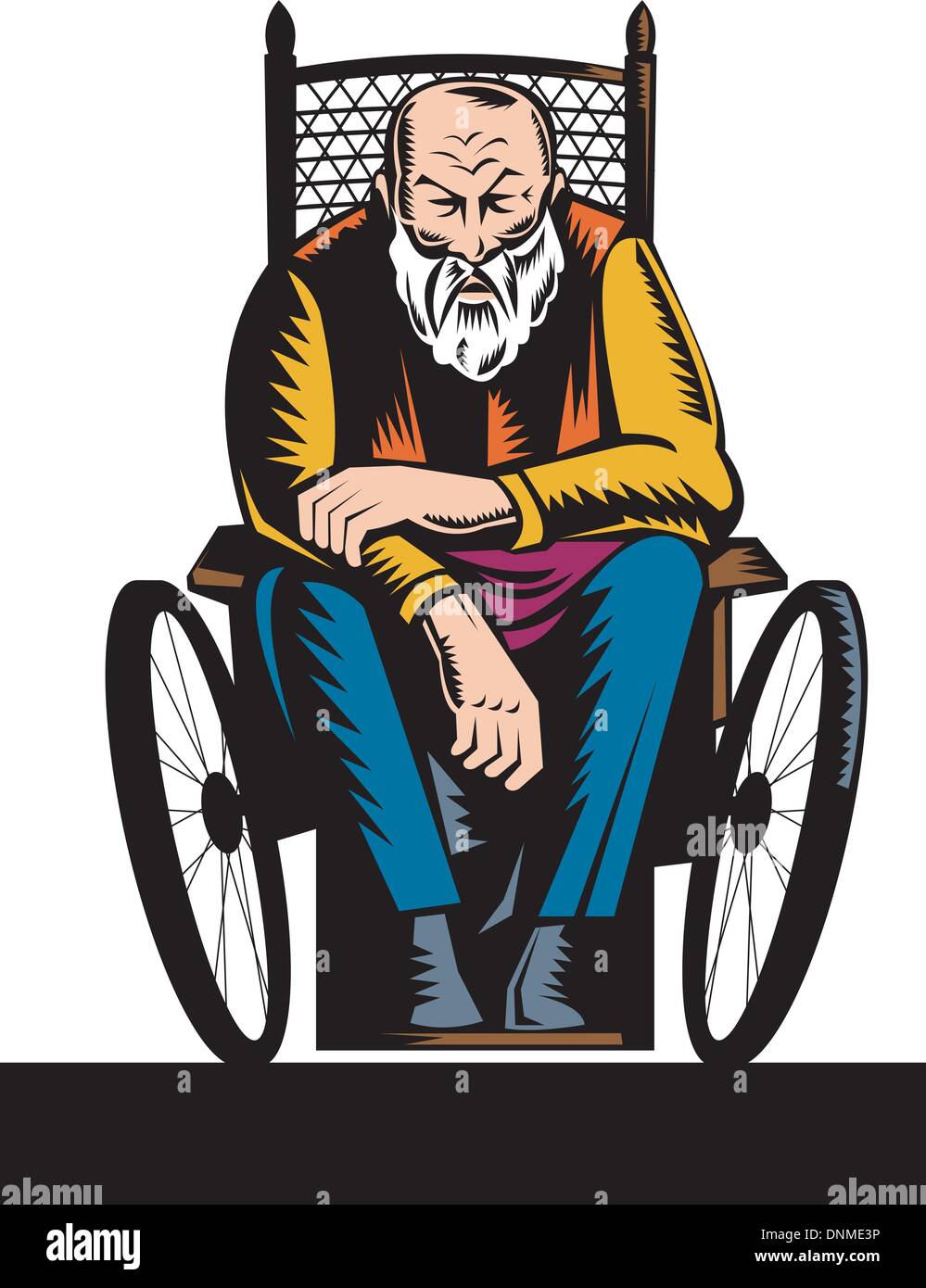 Illustration d'un homme handicapé âgé assis sur fauteuil roulant Illustration de Vecteur