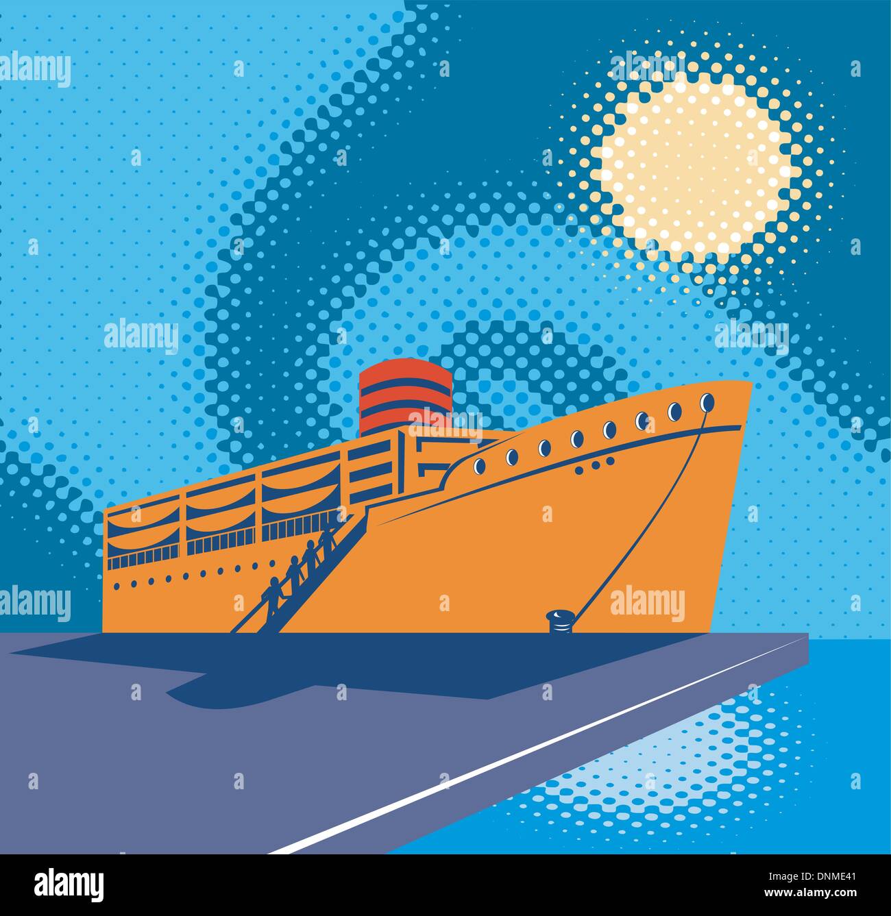 Illustration d'un passager d'un cargo à quai ou à une jetée fait dans le style rétro Illustration de Vecteur