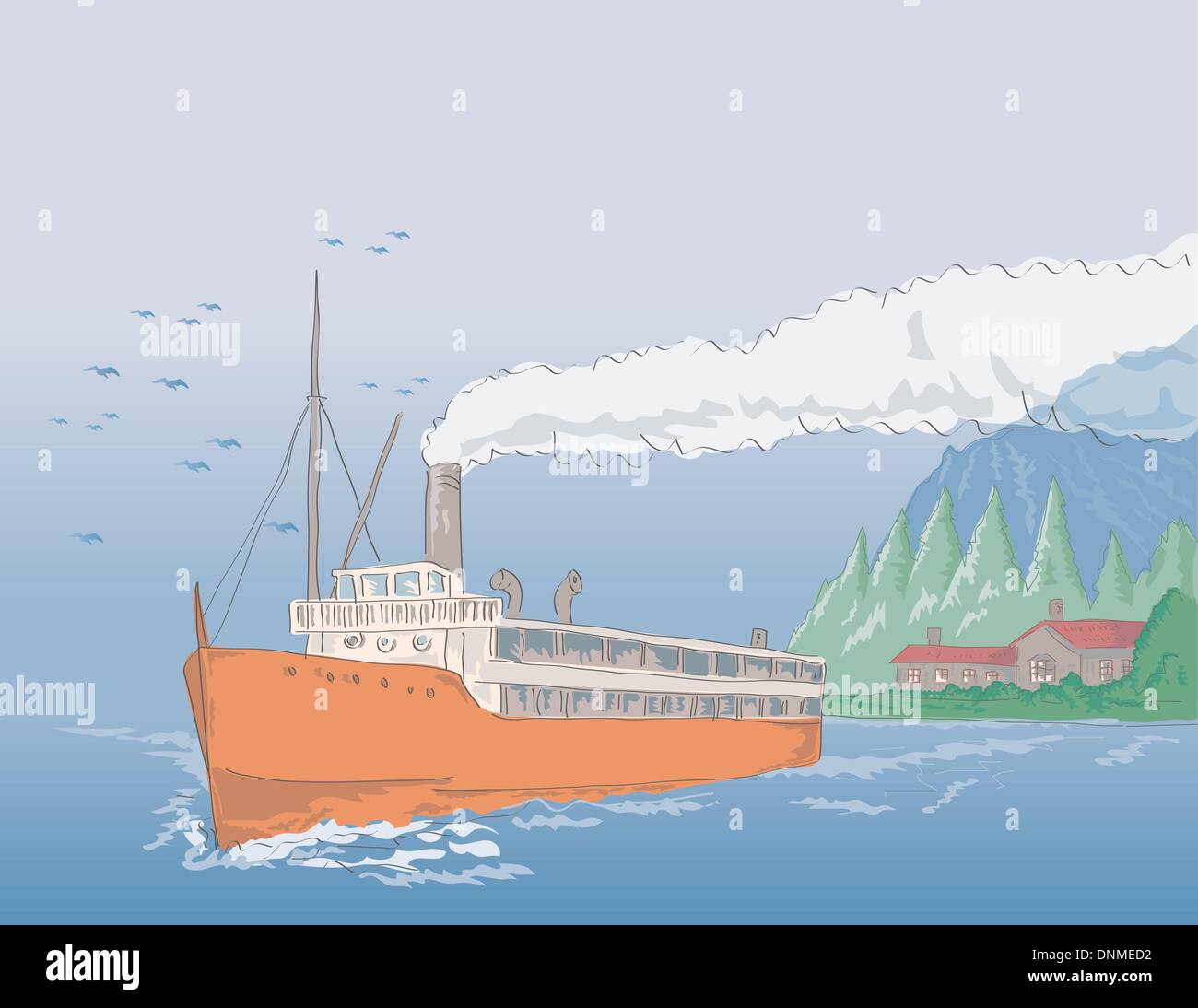 Illustration d'un bateau à passagers bateau à vapeur fait dans le style rétro Illustration de Vecteur