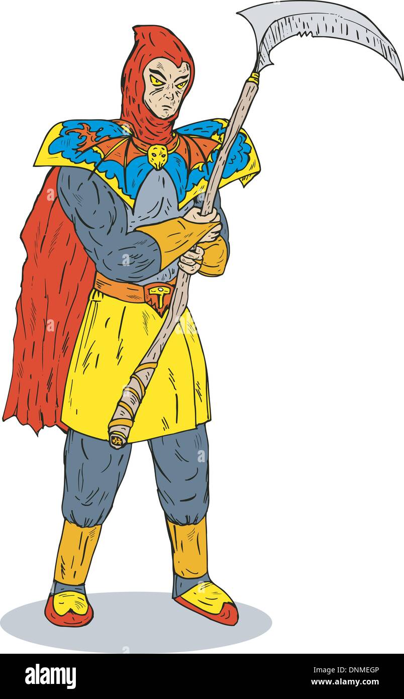 Illustration d'un super héros tenant une faux isolé sur fond blanc. Illustration de Vecteur