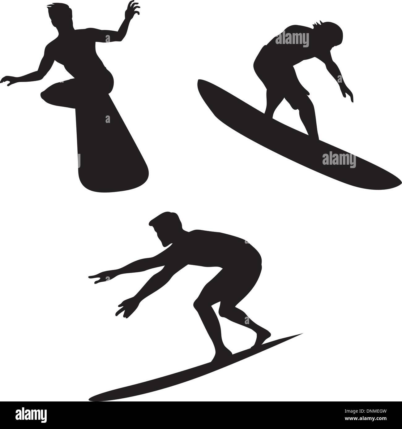 Illustration de trois silhouettes des surfeurs dans diverses positions isolé sur fond blanc. Illustration de Vecteur