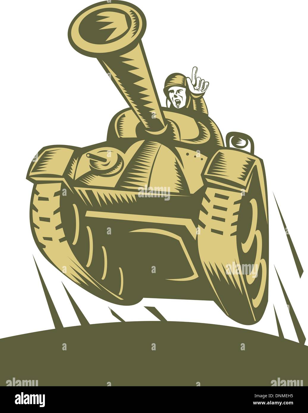 Illustration d'un char de combat en vol avec soldat pointant vers l'avant Illustration de Vecteur