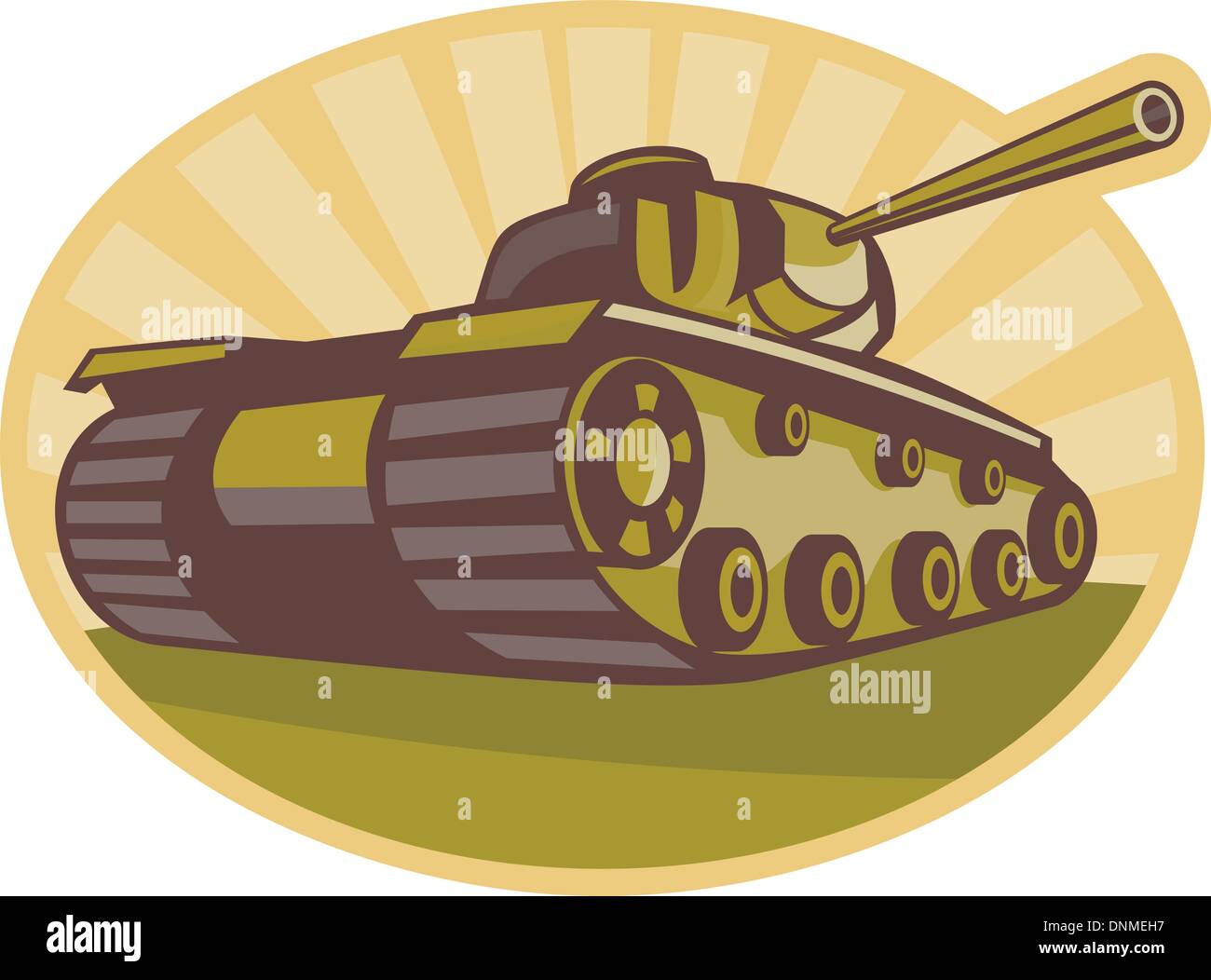 Illustration d'un char de combat de la seconde guerre mondiale visant à canon avec la solarisation latérale en arrière-plan fait en style retro Illustration de Vecteur