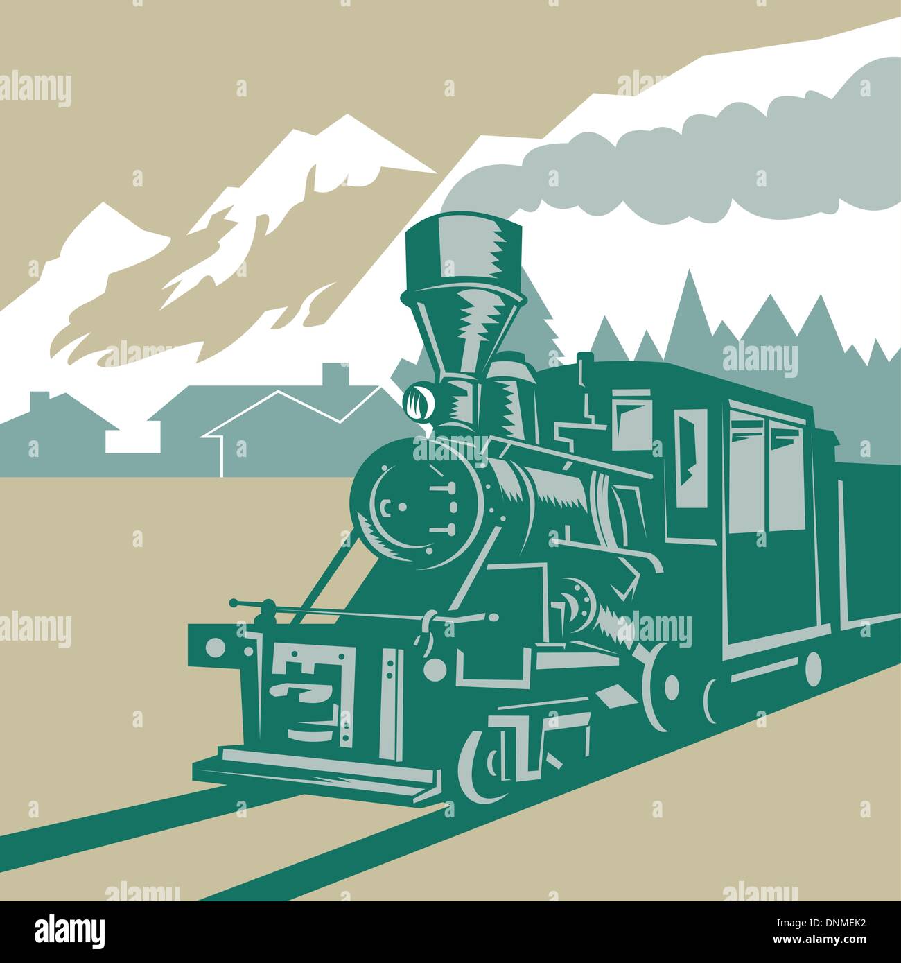 Illustration d'un train à vapeur locomotive de chemin de fer, qui se fait dans le style rétro gravure sur bois Illustration de Vecteur