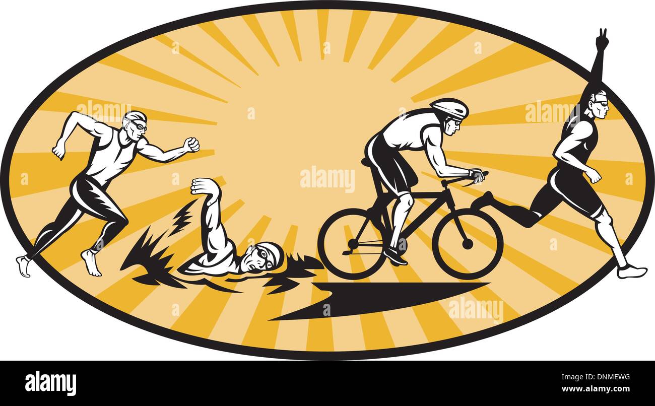 Illustration montrant la progression de l'athlète olympique triathlon montrant un démarrage, la natation, le vélo ou la randonnée à vélo et de finition avec un terme. Illustration de Vecteur