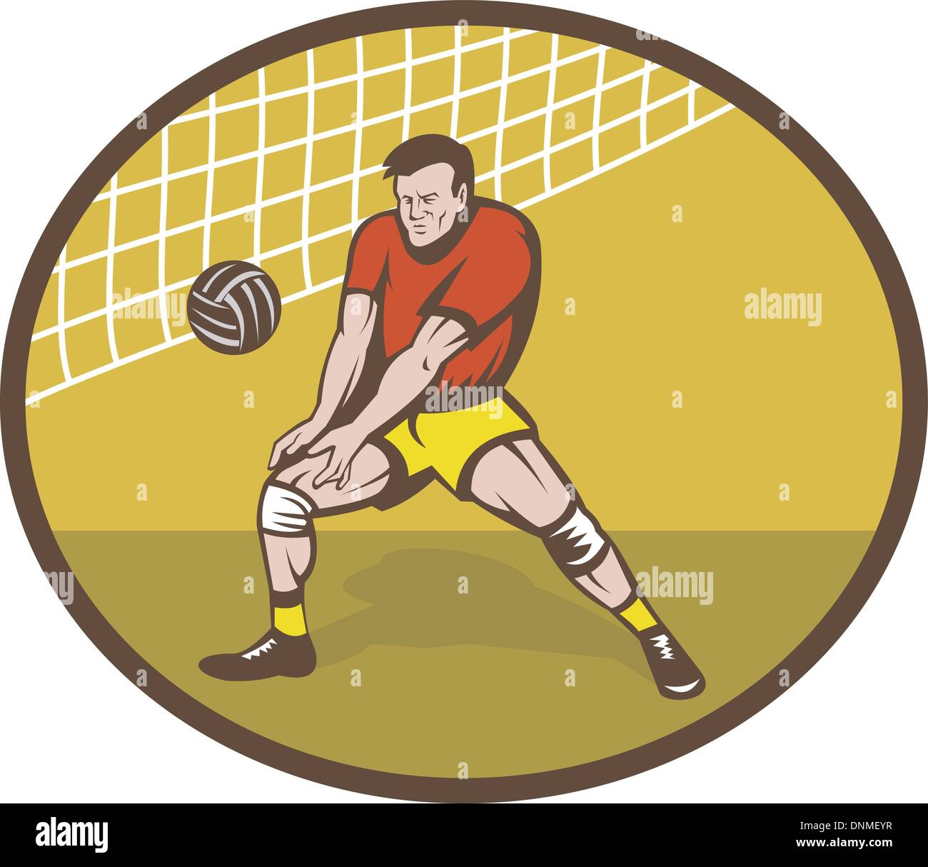 Illustration d'un joueur de volley-ball a propos de grève ball set à l'intérieur d'un ovale Illustration de Vecteur