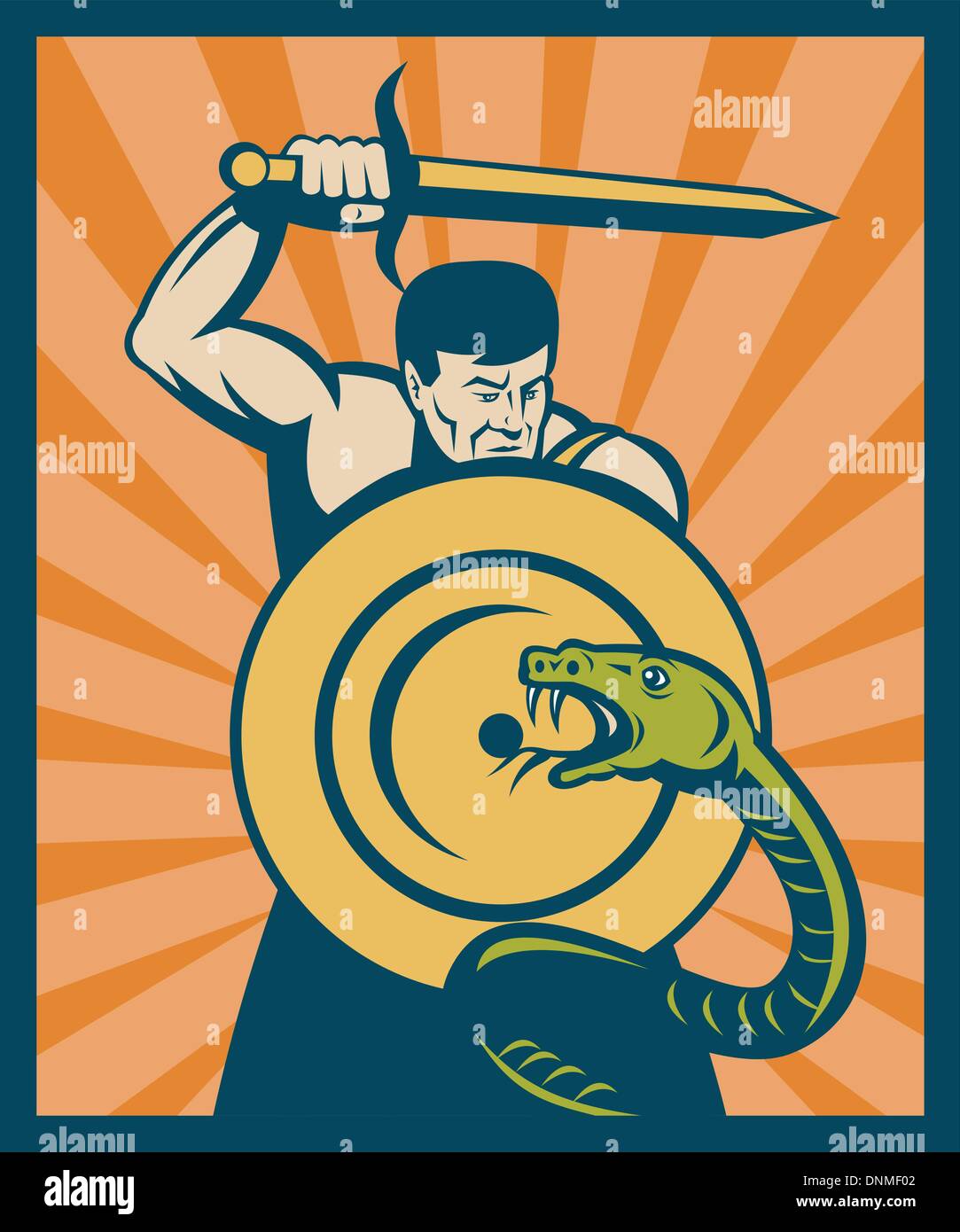 Illustration d'un guerrier avec épée et bouclier frappant un serpent ou serpent avec la solarisation en arrière-plan Illustration de Vecteur