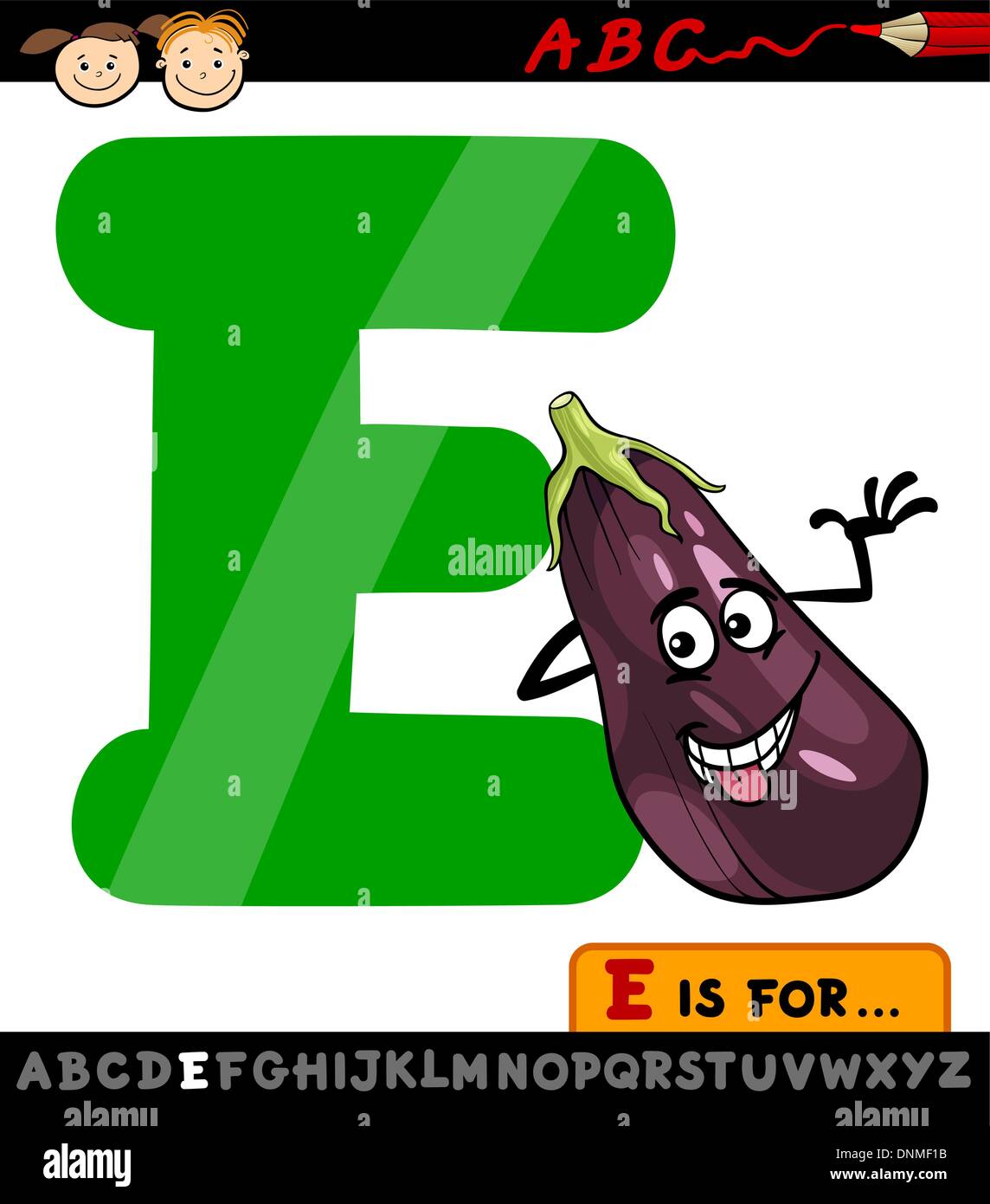 Cartoon Illustration de la lettre E de l'alphabet à l'Aubergine pour l'éducation des enfants Illustration de Vecteur