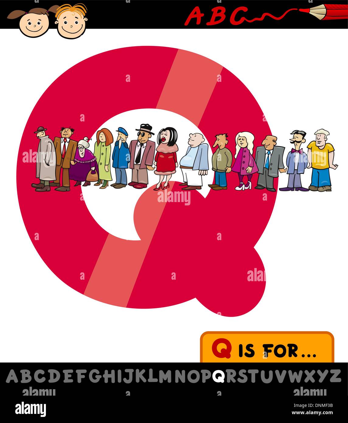 Cartoon Illustration de la lettre Q de l'Alphabet avec file d'attente pour l'éducation des enfants Illustration de Vecteur