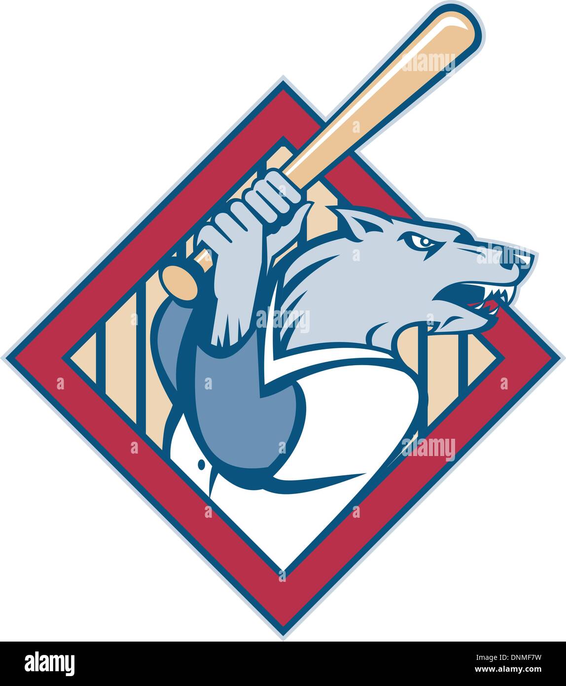 Illustration d'une caricature de chien ou de loup sauvage au bâton de baseball jouant avec un diamant à l'intérieur set bat Illustration de Vecteur