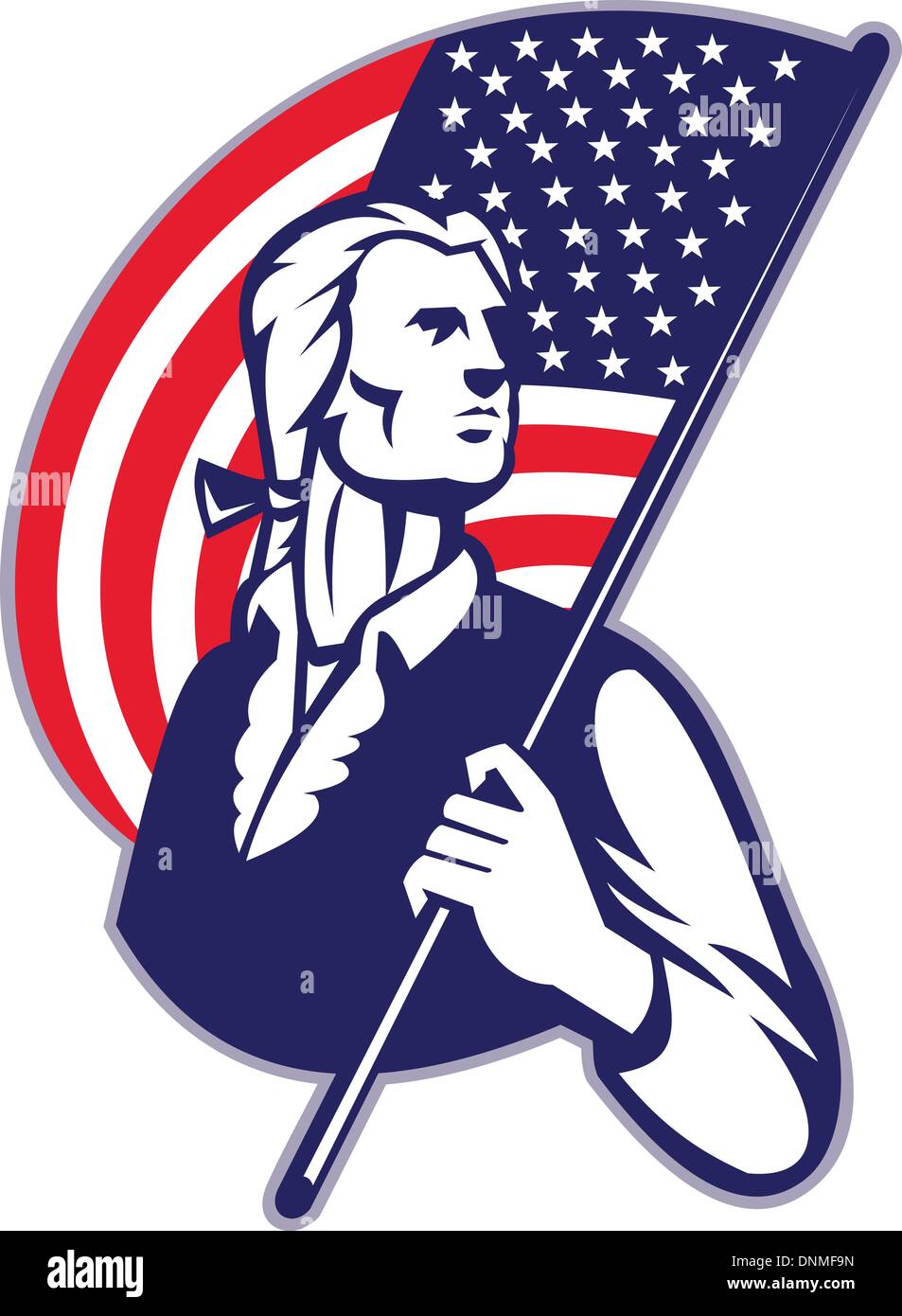 Illustration d'un soldat révolutionnaire minuteman patriot tenant un drapeau américain stars and stripes sur fond isolé. Illustration de Vecteur