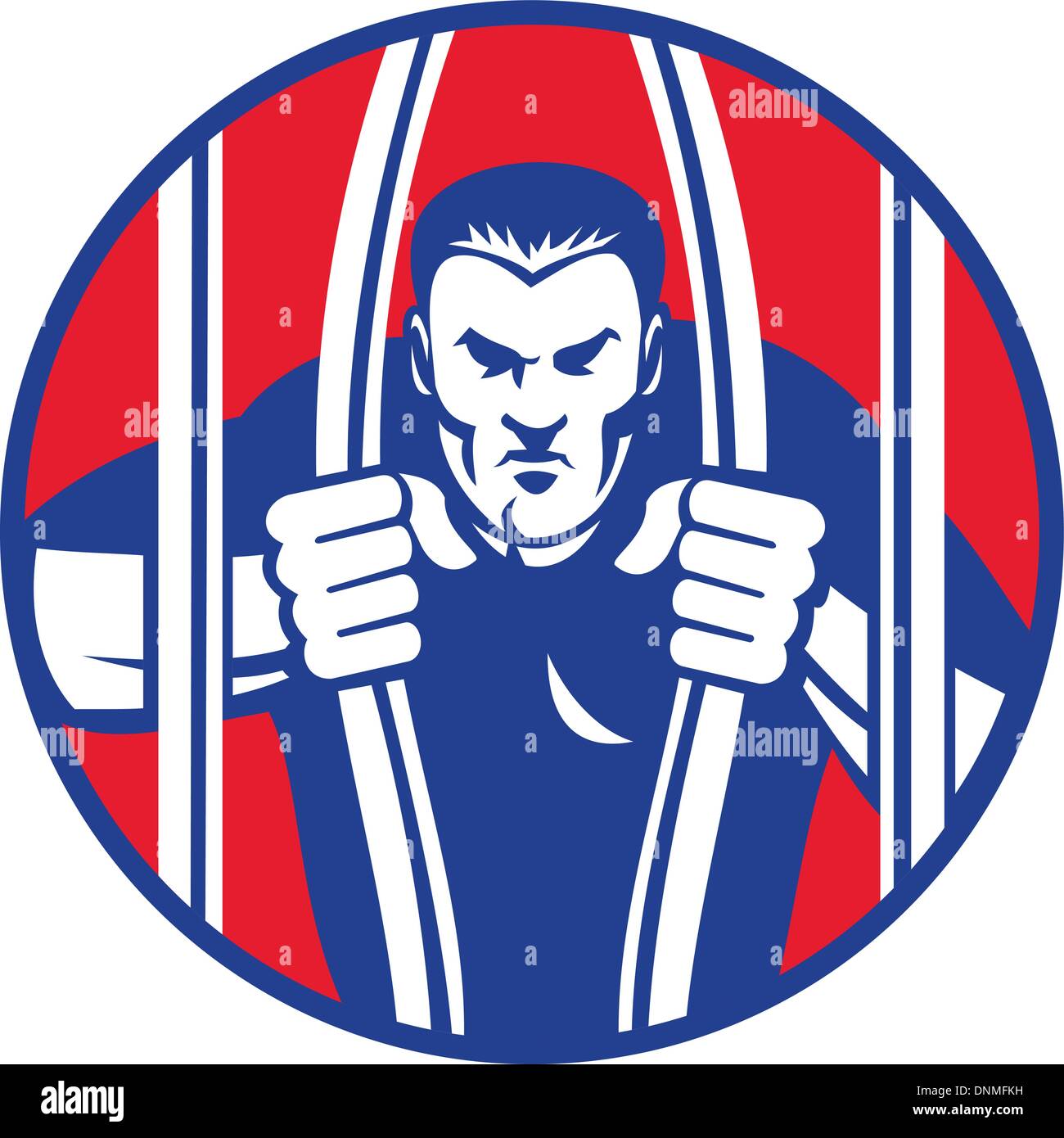 Illustration d'un prisonnier condamné en colère s'échapper renflouer bar prison prison vue de l'avant ensemble à l'intérieur du cercle Illustration de Vecteur