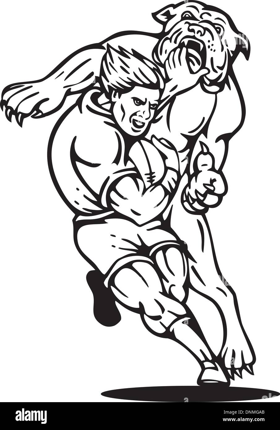 Illustration d'un joueur de rugby d'exécution avec la balle s'attaquer attaqué par un bouledogue sur fond isolé en noir et blanc Illustration de Vecteur