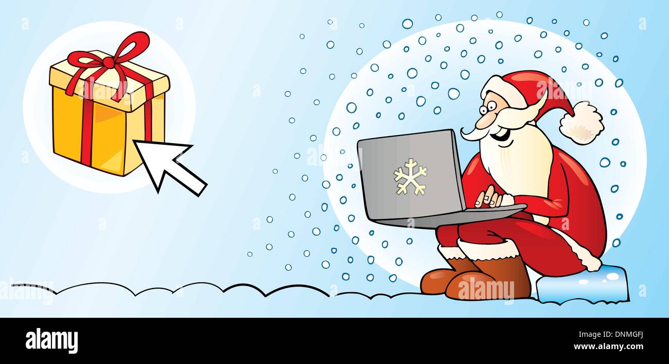 Cartoon Illustration du père Noël avec ordinateur portable acheter des cadeaux par internet Illustration de Vecteur
