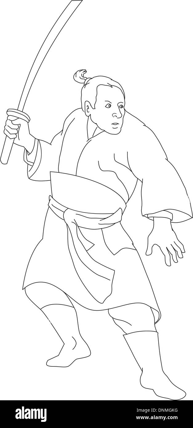 Illustration d'un samouraï japonais guerrier avec épée katana en position de combat en noir et blanc de style dessin animé. Illustration de Vecteur