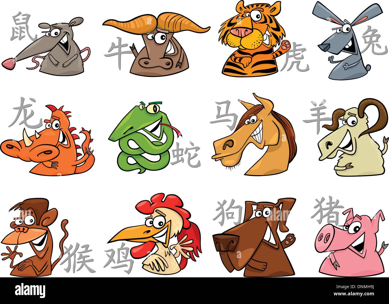 Cartoon illustration de l'ensemble des signes du zodiaque chinois Illustration de Vecteur
