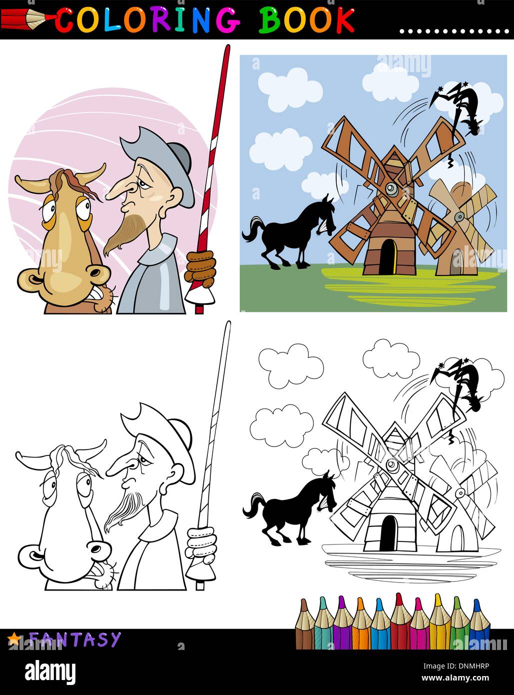 Livre de coloriage ou une page de bande dessinée de vulgarisation de Don Quichotte et son cheval personnages de conte Illustration de Vecteur