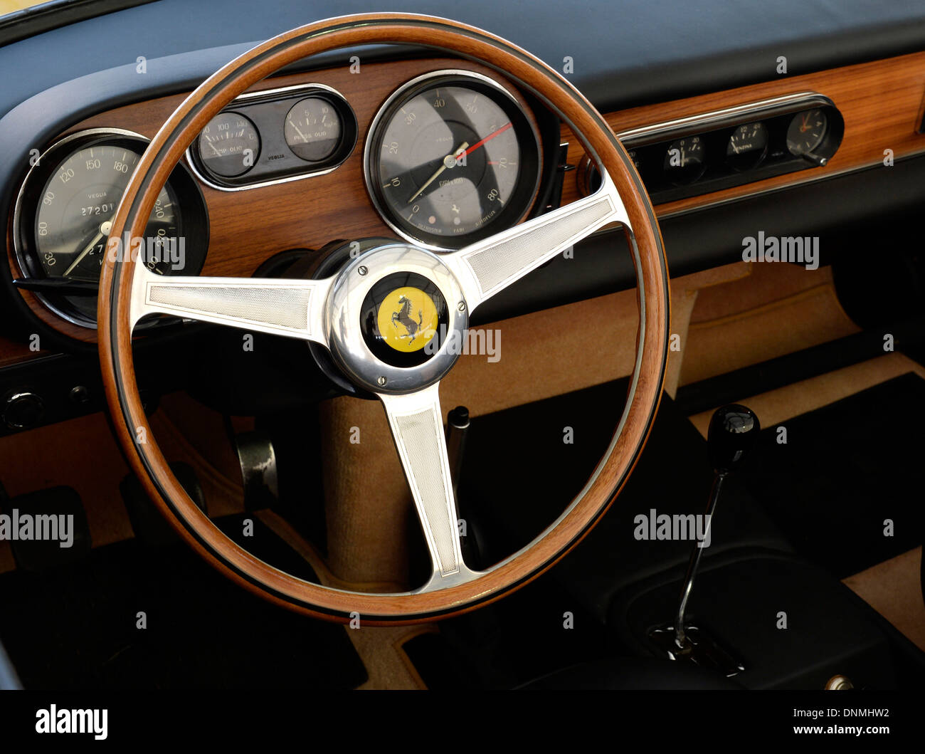 Vintage volant et tableau de bord sur une voiture à moteur Ferrari. Banque D'Images