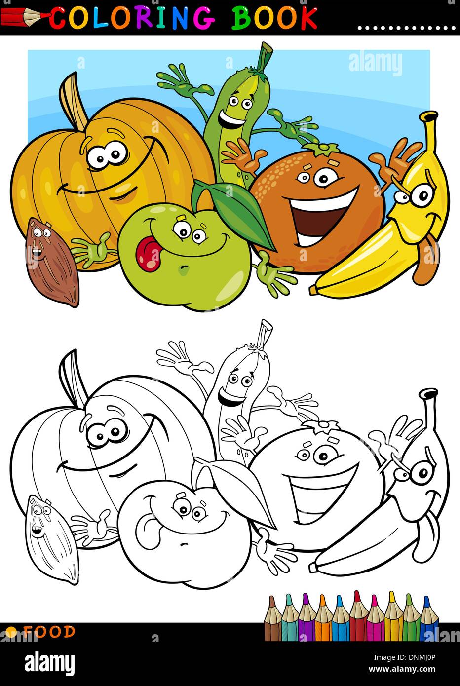 Livre de coloriage ou une page de bande dessinée de vulgarisation des caractères de nourriture drôle de fruits et légumes pour l'éducation des enfants Illustration de Vecteur