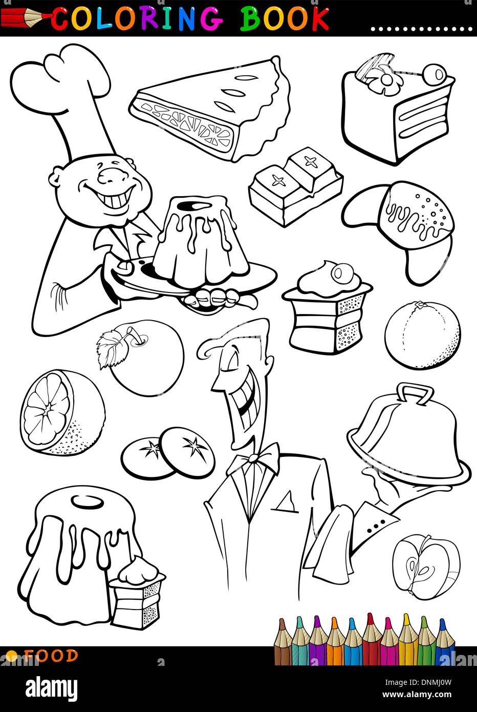 Livre de coloriage ou une illustration Cartoon Page d''aliments sucrés  comme les gâteaux et les biscuits et brioches avec cuisinier et serveur  pour les enfants Educa Image Vectorielle Stock - Alamy