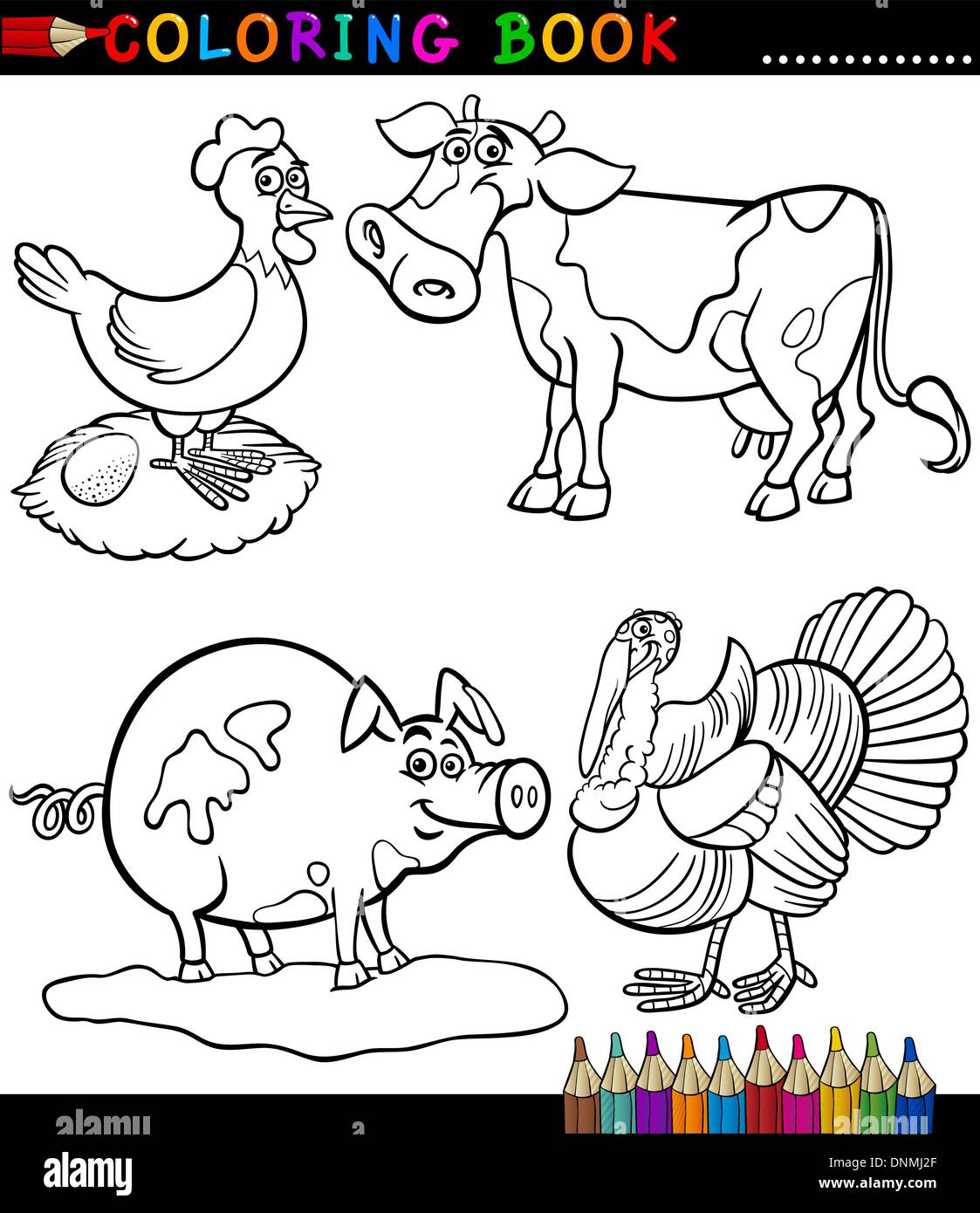 Livre de coloriage noir et blanc ou de la page Illustration Cartoon Set of Funny Farm et de l'élevage des animaux pour les enfants Illustration de Vecteur