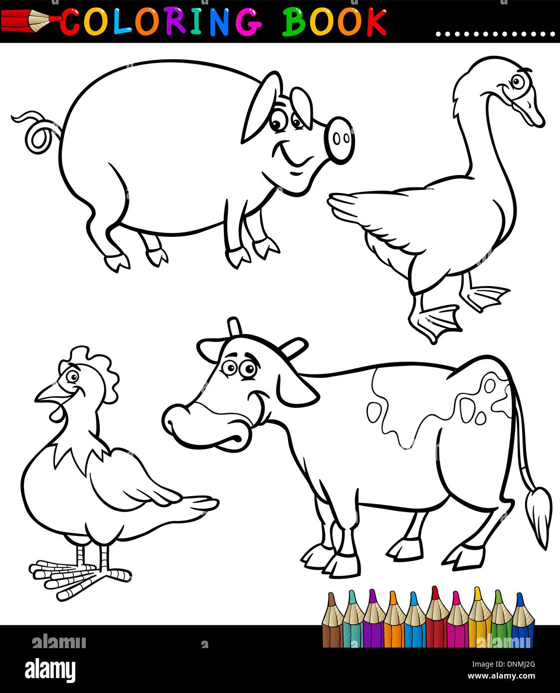 Livre de coloriage noir et blanc ou de la page Illustration Cartoon Set of Funny Farm et de l'élevage des animaux pour les enfants Illustration de Vecteur