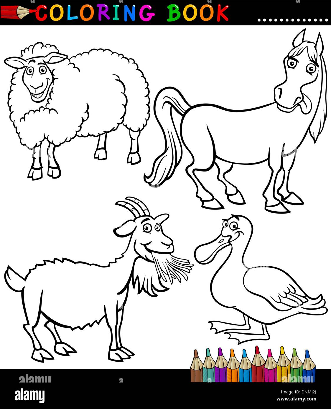 Livre de coloriage noir et blanc ou de la page Illustration Cartoon Set of Funny Farm et de l'élevage des animaux pour les enfants Illustration de Vecteur