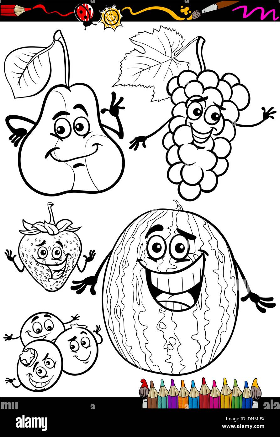 Livre de coloriage ou une illustration Cartoon Page noir et blanc de personnages de bande dessinée alimentaire Fruits fixés pour l'éducation des enfants Illustration de Vecteur