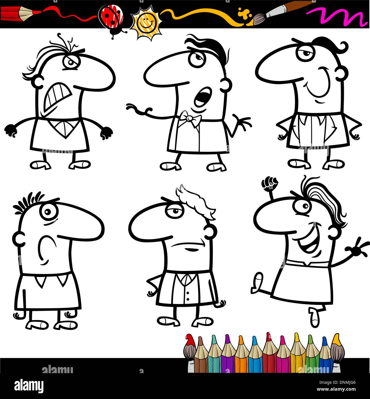Livre de coloriage ou une page de bande dessinée de vulgarisation du noir et blanc Funny People les émotions ou les expressions des personnages de bandes dessinées pour enfants. Illustration de Vecteur