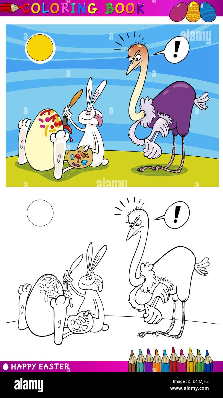 Livre de coloriage ou une page de bande dessinée de vulgarisation de lapin de Pâques Peinture sur oeufs Coquilles Illustration de Vecteur