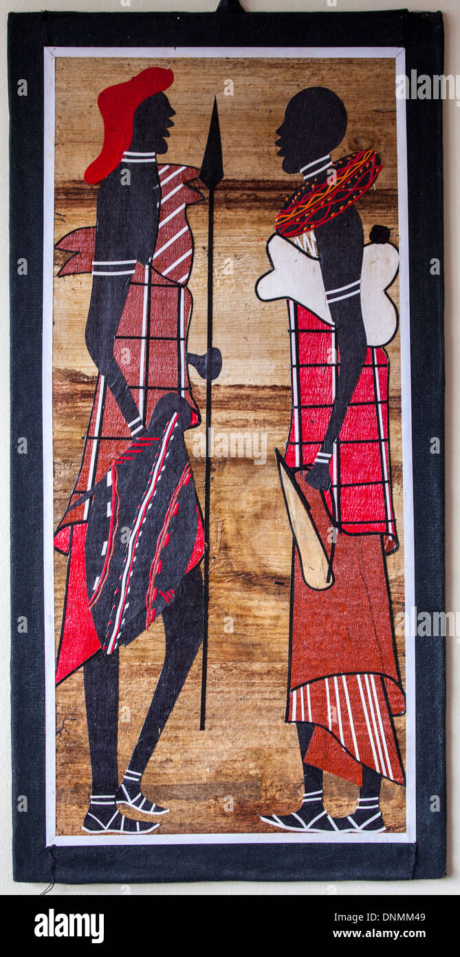 Peinture kenyan sur peau de banane de guerrier masai et femme Banque D'Images