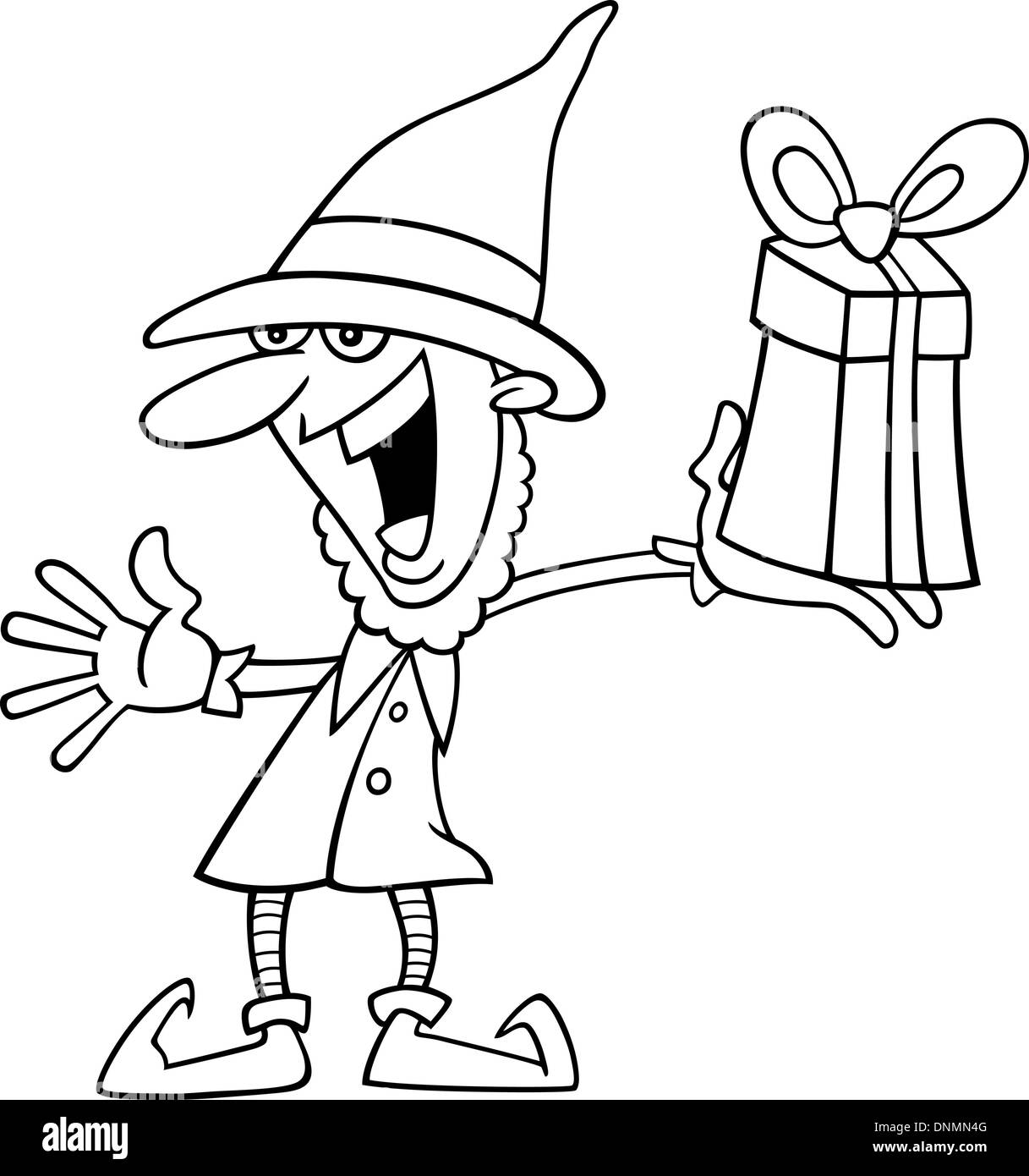 Cartoon Illustration de lutin de Noël avec cadeau pour livre de coloriage ou une page Illustration de Vecteur