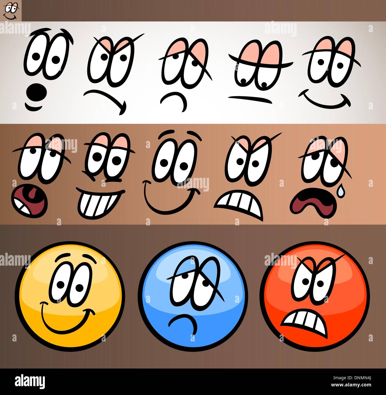 Cartoon Illustration de l'émoticône drôle ou des émotions et des expressions comme triste, heureux, en colère ou sceptique Illustration de Vecteur
