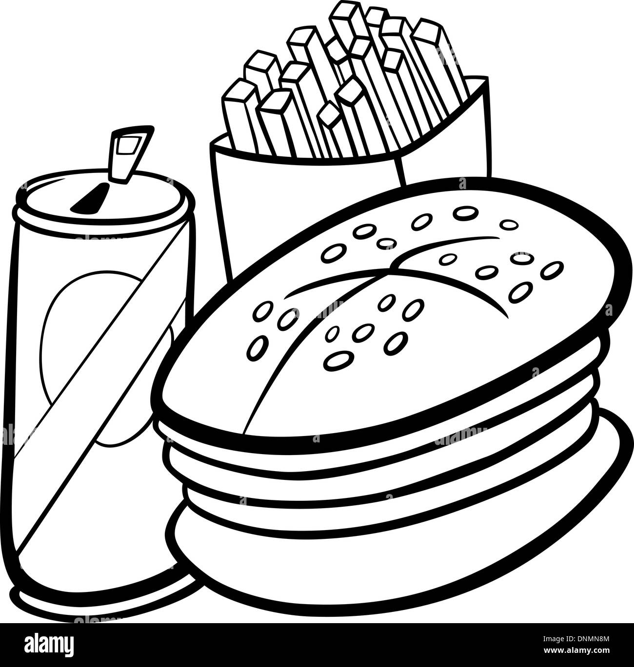 Cartoon noir et blanc Illustration de l'ensemble de Fast Food avec hamburger et de frites et sodas pour Clip Art Coloring Book Illustration de Vecteur
