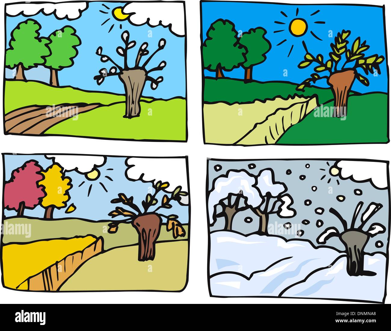 Cartoon Illustration du paysage rural en quatre saisons : Printemps, Été, automne ou à l'automne et l'hiver Illustration de Vecteur