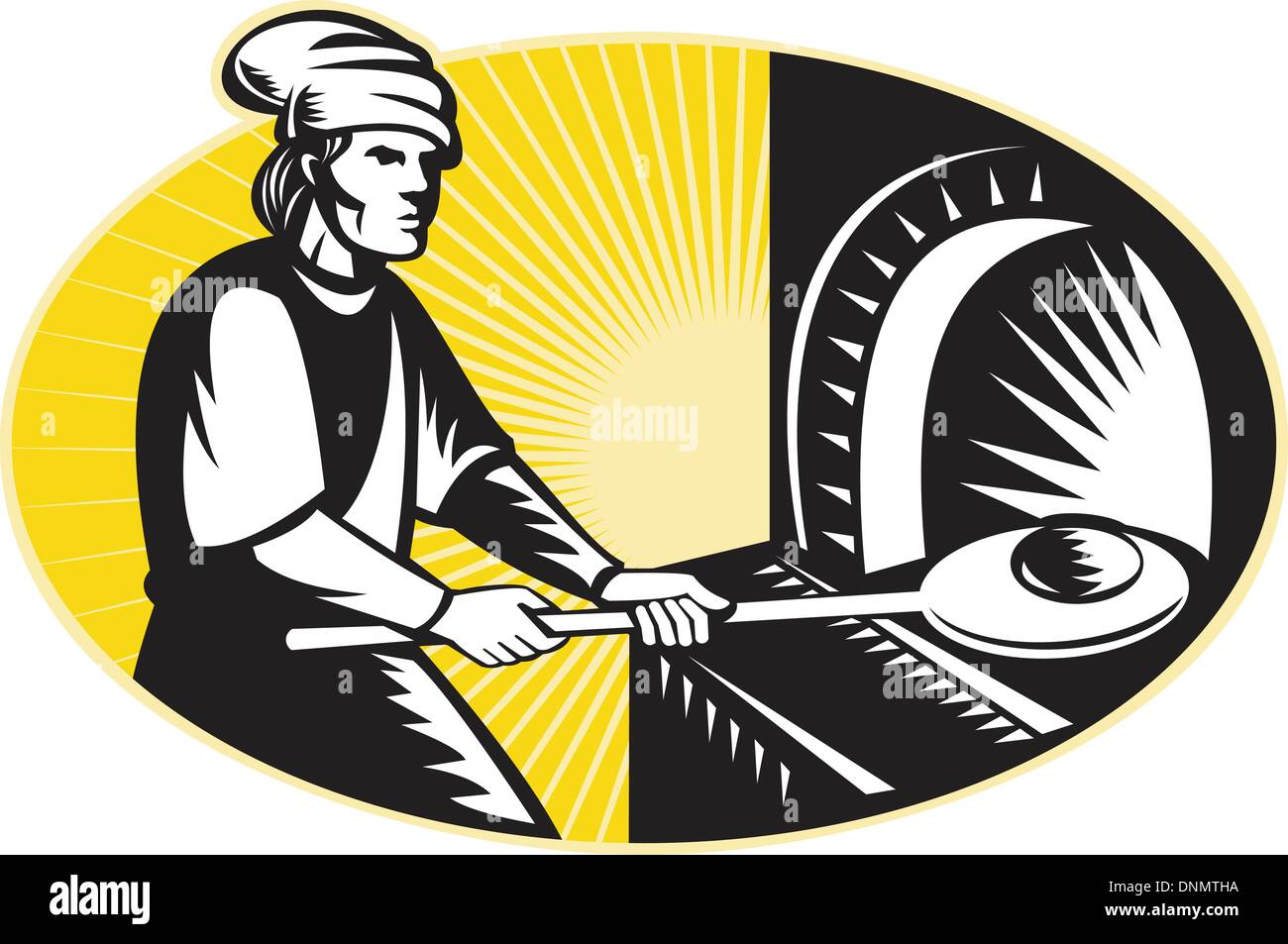 Illustration d'une cité médiévale cuisson baker holding un moule à pain en feu de bois four réglé à l'intérieur de l'ellipse fait en rétro style gravure sur bois. Illustration de Vecteur